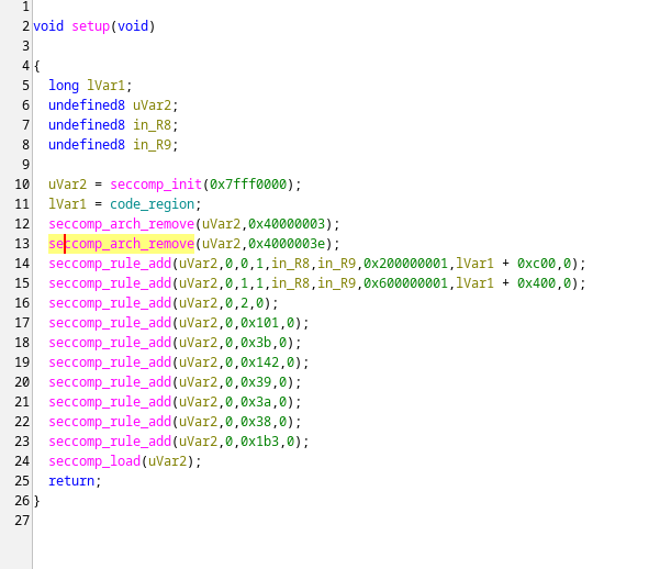 The seccomp filter inside setup()